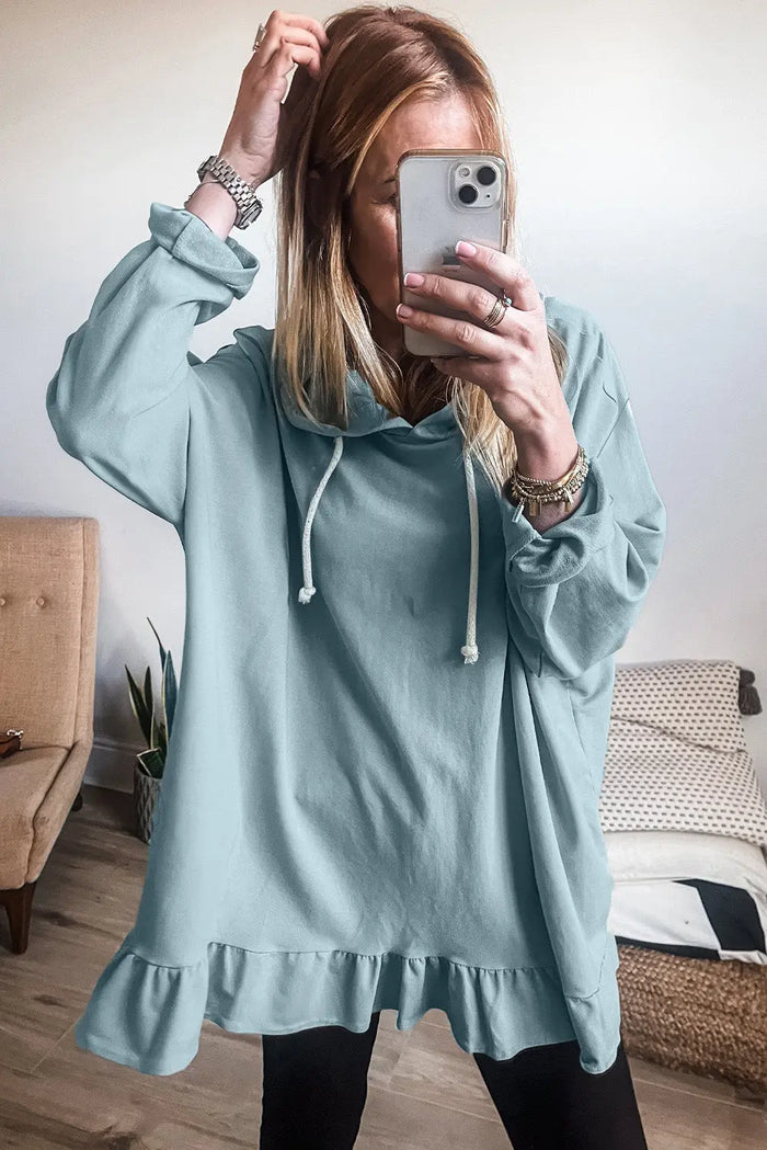 Shop Solid Colour Ruffled Hem Loose Fit Tunic Hoodie at eAura