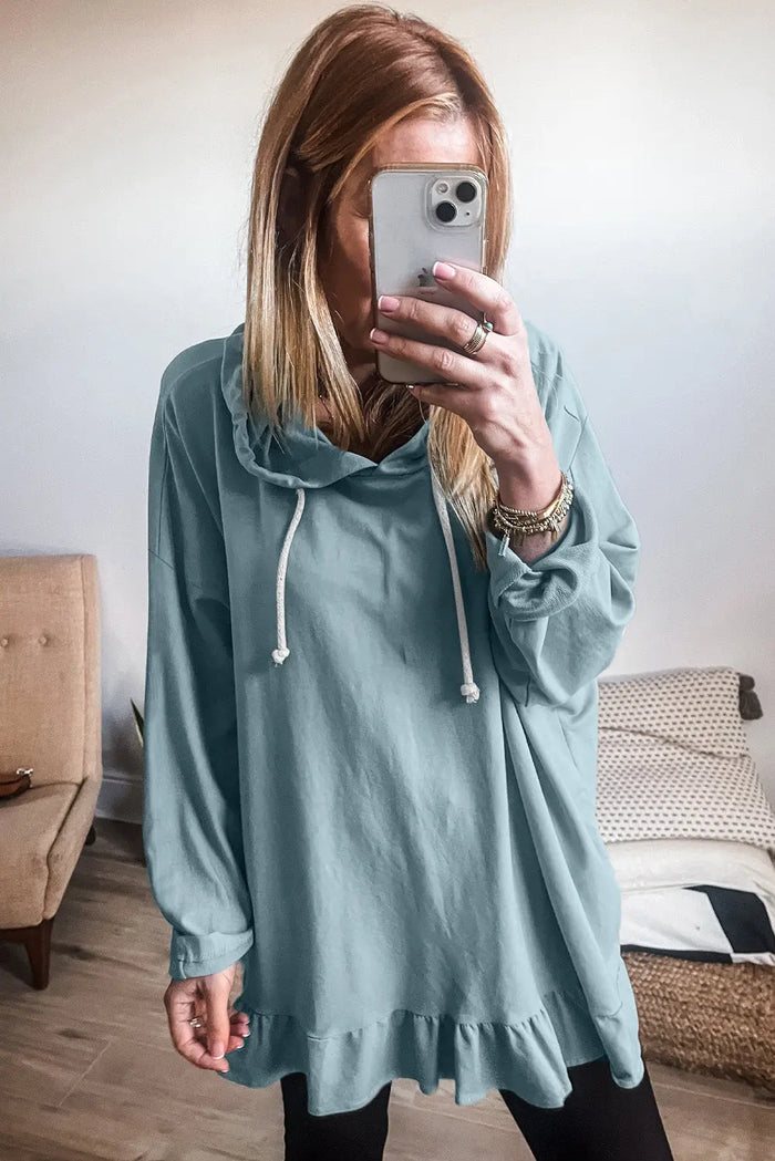Shop Solid Colour Ruffled Hem Loose Fit Tunic Hoodie at eAura