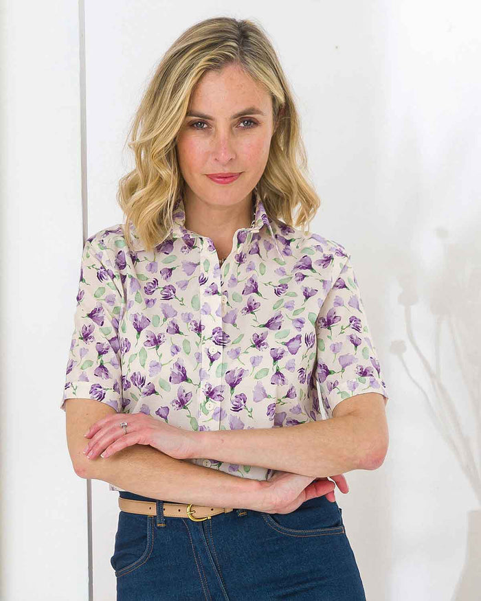 Sophia Floral Pure Cotton Short Sleeve Blouse - Image 2 - The Classic Boutique