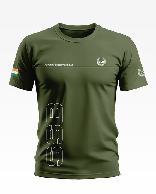 Olive green men's t-shirt with SSB text, security and brotherhood motif, and Indian flag sleeve patch