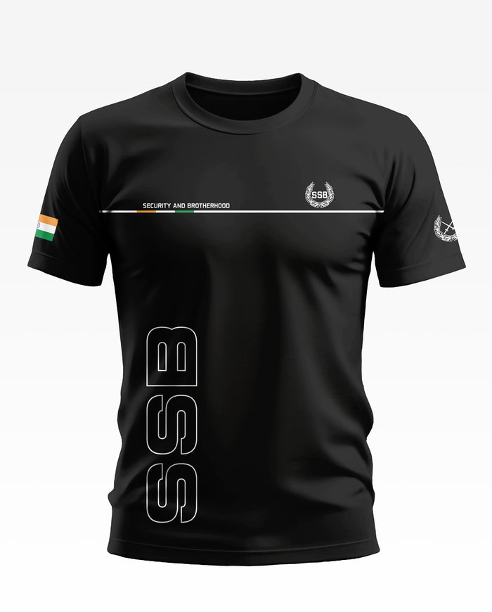 Black SSB t-shirt for men with 'Security and Brotherhood' text, Indian flag sleeve, army-style design