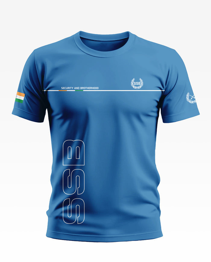 Blue men's t-shirt with SSB logo, SECURITY AND BROTHERHOOD text, and Indian flag on sleeve