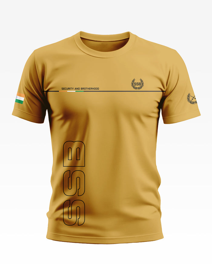 Yellow men's army-style t-shirt with SSB text, security and brotherhood graphic, and Indian flag sleeve print