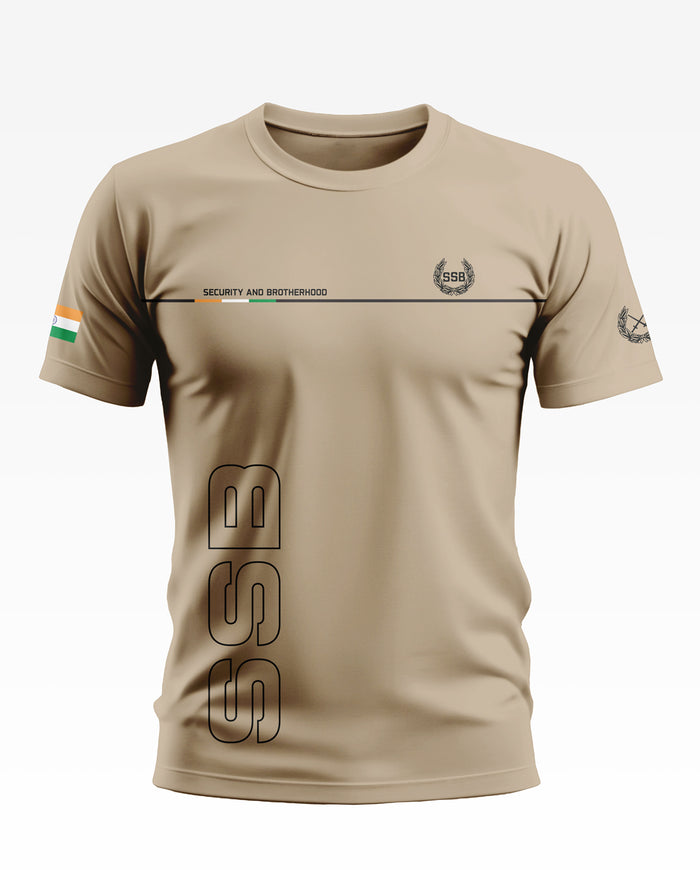 Beige men's t-shirt with SSB logo, Indian flag detail, and 'Security and Brotherhood' text