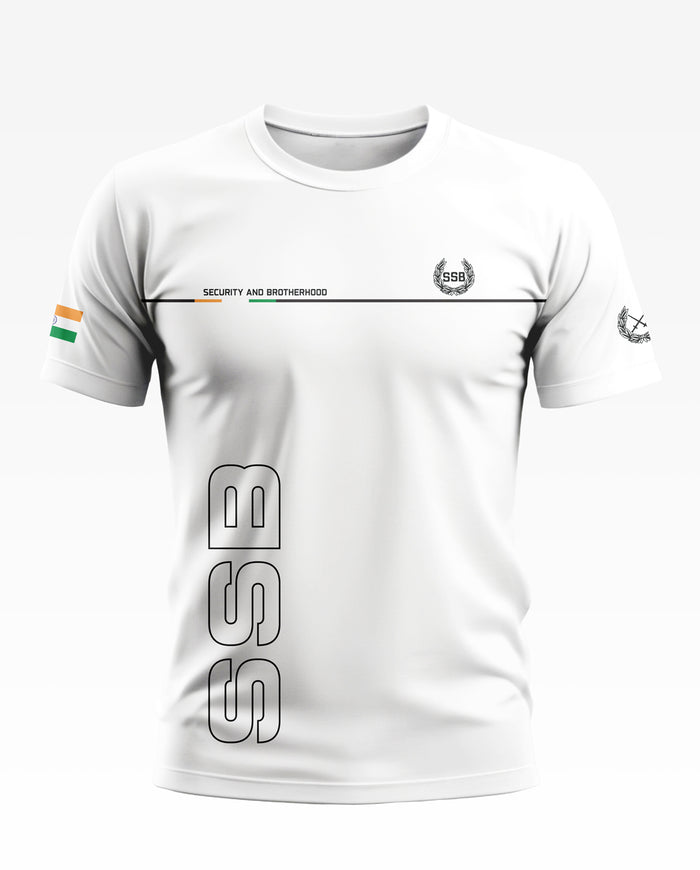 White men's t-shirt with SSB logo, 'Security and Brotherhood' text, and Indian flag on sleeve