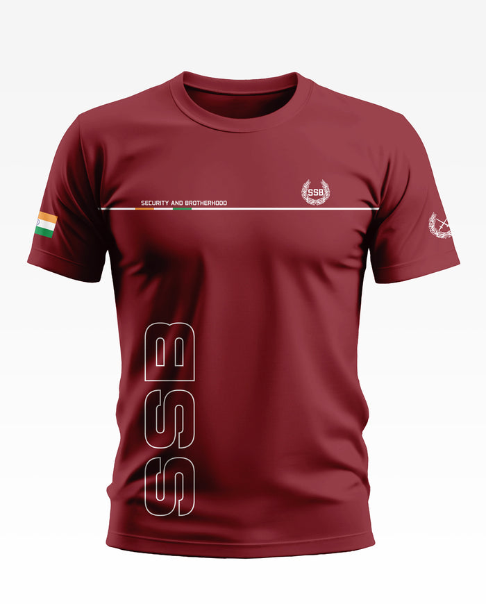 Maroon men's t-shirt with SSB text, Indian flag patch, and security and brotherhood graphics