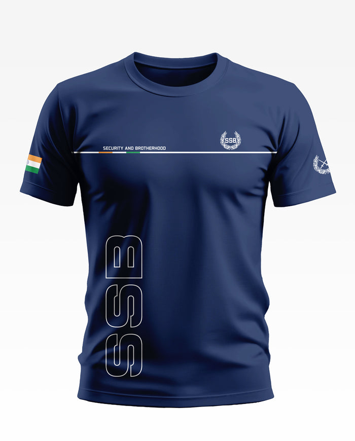 Navy blue men's t-shirt with SSB logo, Security and Brotherhood text, and Indian flag on sleeve