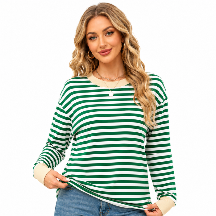 Women's green and white striped top with beige neckline and cuffs, shown close up to highlight hem, stripes and clean finish.