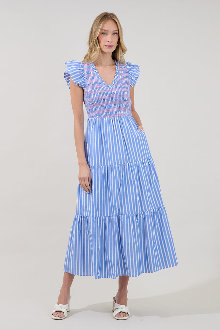 Sunfire Tiered Stitch Midi Dress Stripe