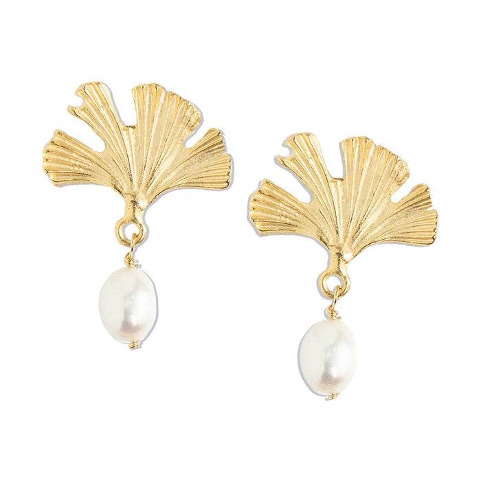 Susan Shaw Mini Ginkgo and Pearl Drop Earrings