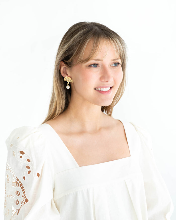 Susan Shaw Mini Ginkgo and Pearl Drop Earrings