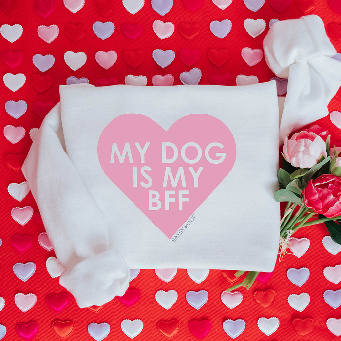 The Sassy Woof Sweatshirt - My Dog is my BFF (PINK), featuring a pink heart, rests on a heart-decorated red surface with a bouquet of pink and red flowers beside this cozy unisex sweatshirt.