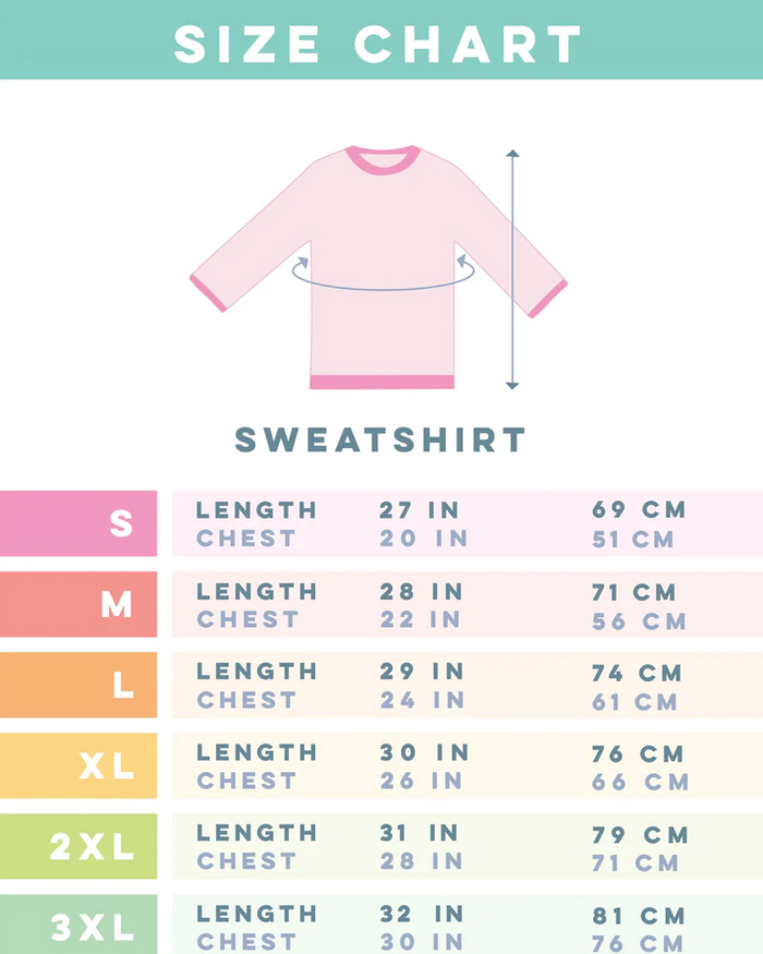 Sassy Woof Sweatshirt - My Dog is my BFF (RED): Unisex size chart for S-3XL crewnecks. Length and chest measurements in inches/cm; includes diagram showing where to measure.