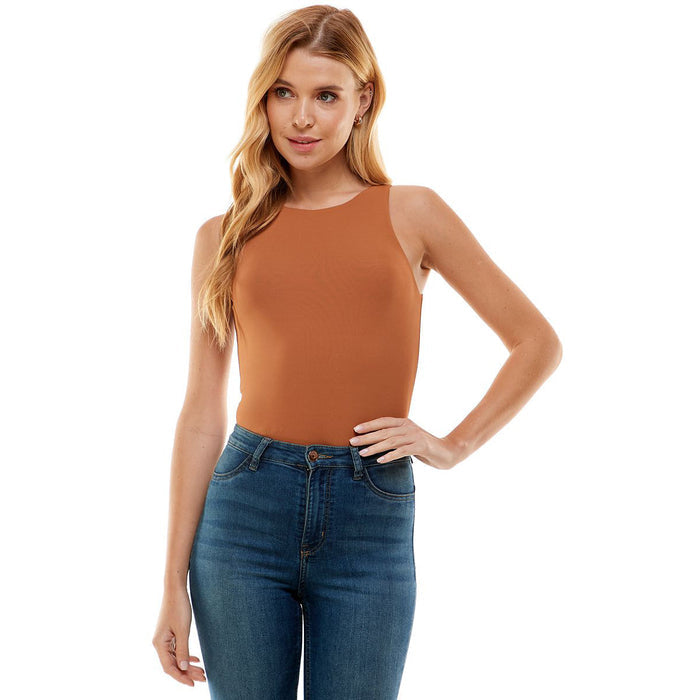 TCEC - Stretch Knit, Round Neck Bodysuit 7677 - Camel