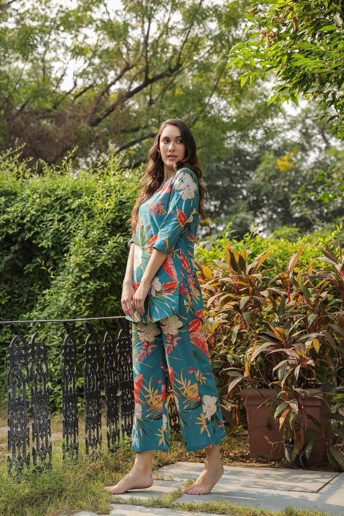 Teal Tranquility on Cotton Palazzo Loungewear Set