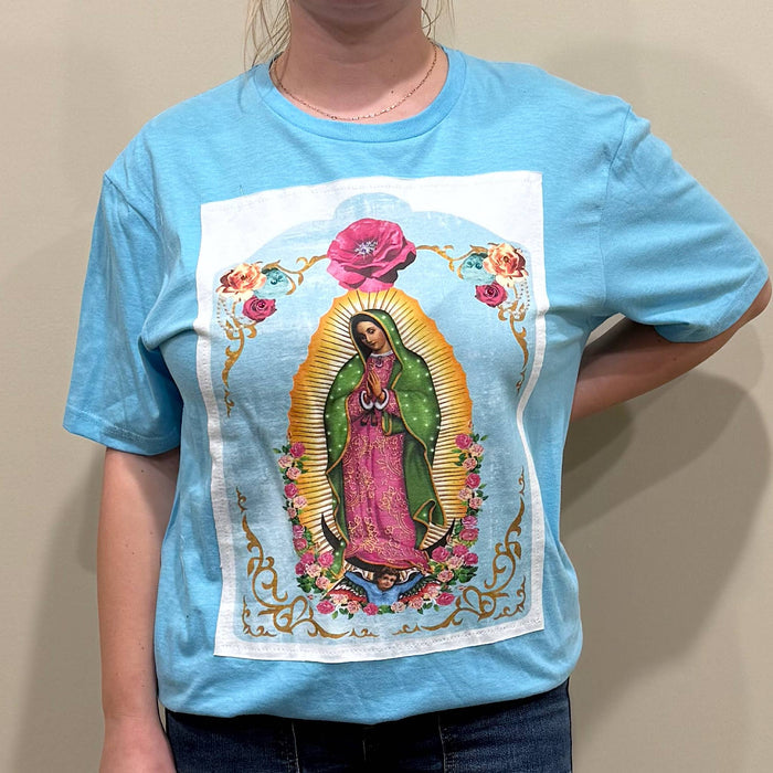 Tee Lady of Guadalupe white patch on Ice Blue Crew