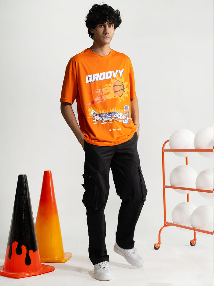 Racing Orange Tee Male Model Back View – The Final Dance – GROOVY Pakistan