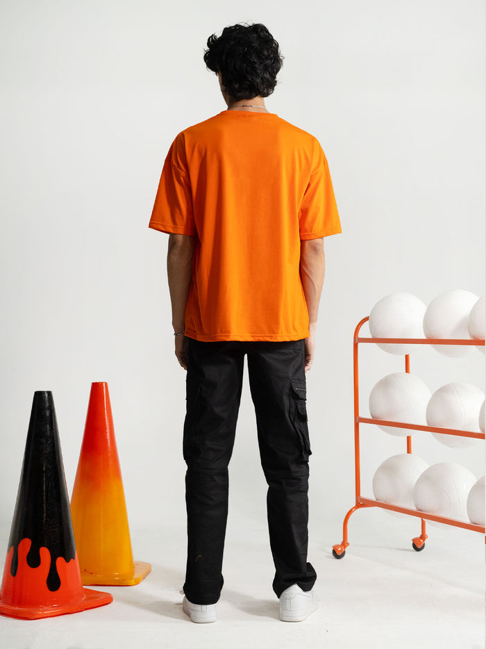 Racing Orange Tee Female Model Front View – The Final Dance – GROOVY Pakistan