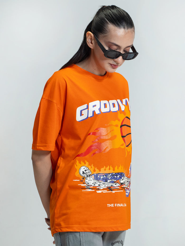 Racing Orange Tee Male Model Full Body Shot – The Final Dance – GROOVY Pakistan