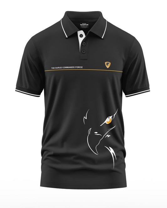 Black men's polo t-shirt with Garud Commando Force text, eagle emblem, and white detailing
