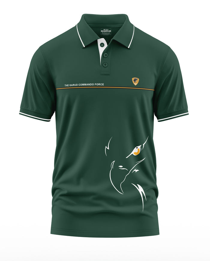 Green men's polo t-shirt with 'The Garud Commando Force' text and eagle face graphic print