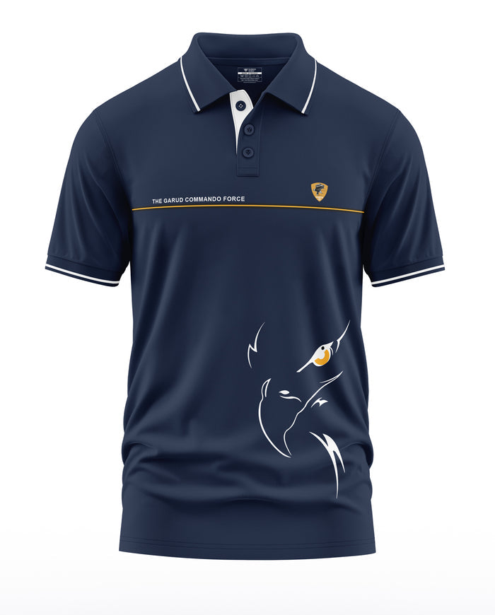 Navy blue men's polo t-shirt with Garud Commando Force text, eagle graphic, and emblem.