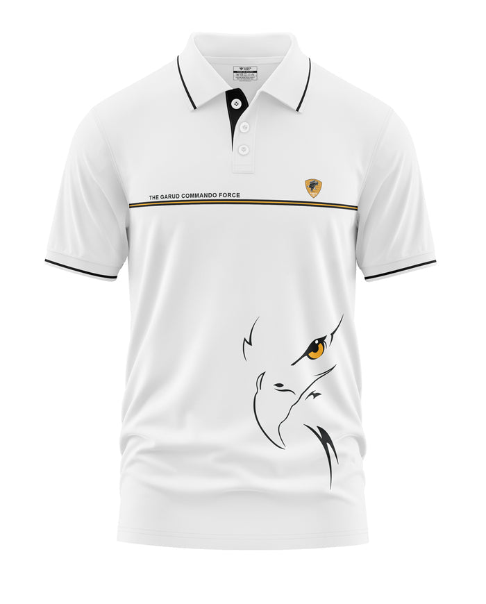 White polo t-shirt for men with black trim, eagle outline, and Garud Commando Force text