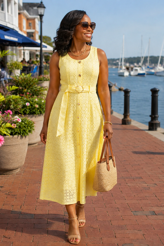 The Monaco Eyelet Midi Dress - Lemon
