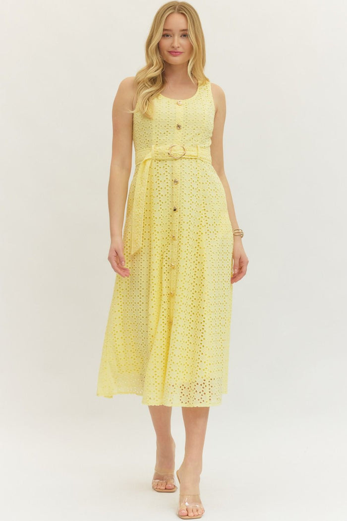 The Monaco Eyelet Midi Dress - Lemon