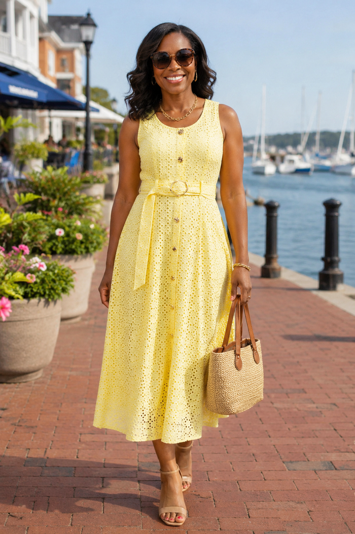 The Monaco Eyelet Midi Dress - Lemon