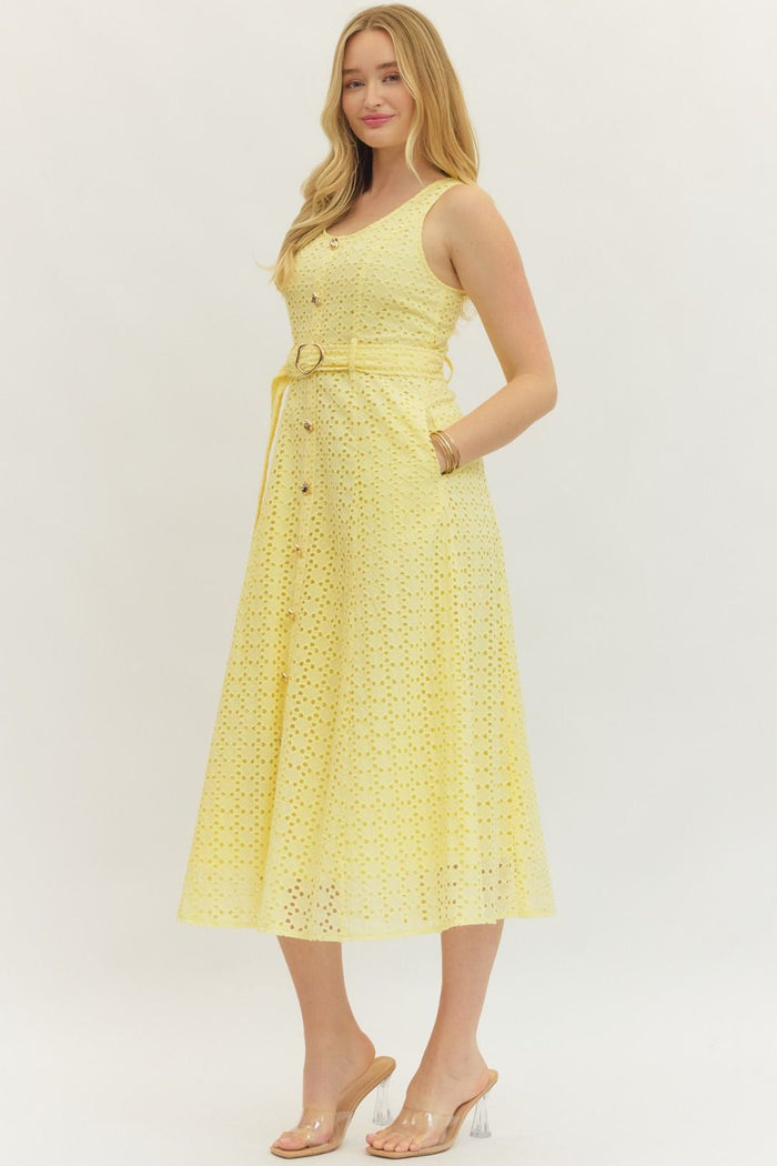 The Monaco Eyelet Midi Dress - Lemon