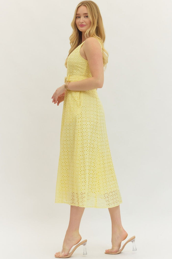 The Monaco Eyelet Midi Dress - Lemon