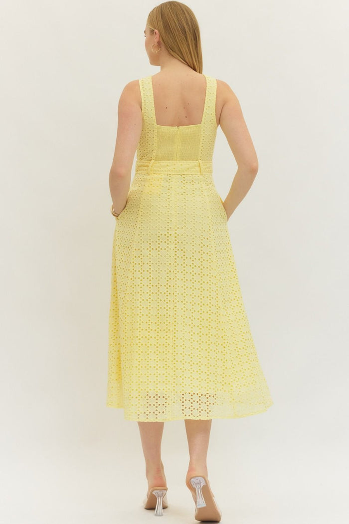 The Monaco Eyelet Midi Dress - Lemon