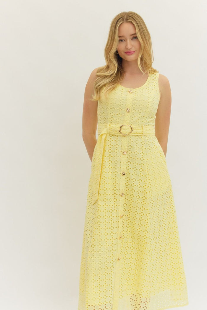The Monaco Eyelet Midi Dress - Lemon