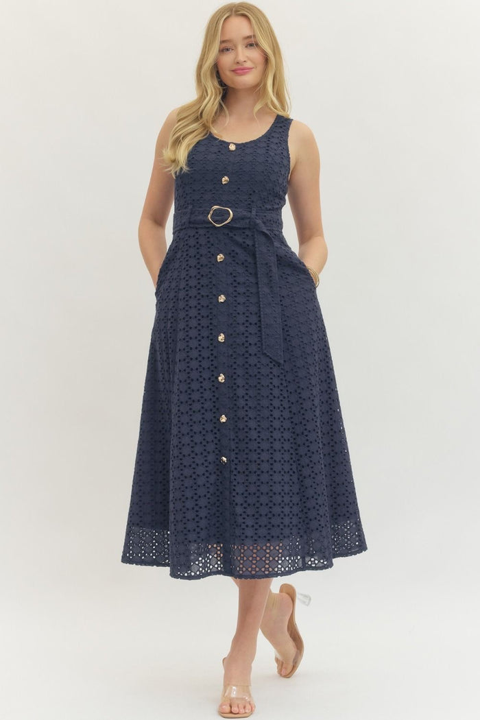 The Monaco Eyelet Midi Dress - Navy