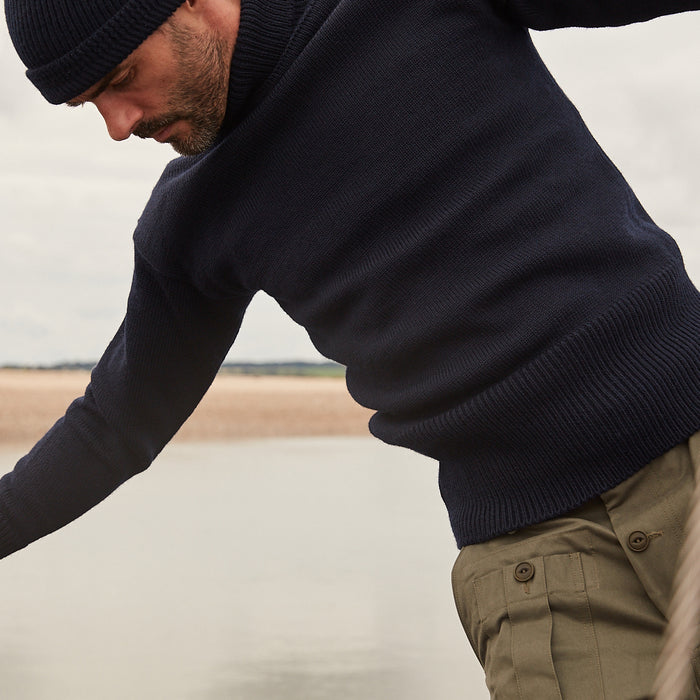 North Sea Clothing navy submariner roll neck jumper