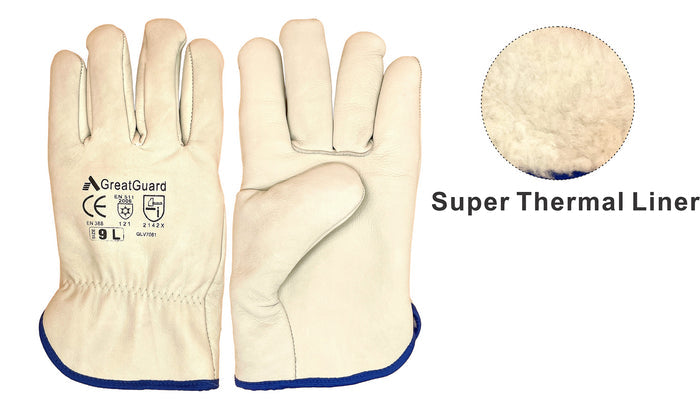 Thermal Freezer Cow Grain Rigger Gloves Fully Fur Lined