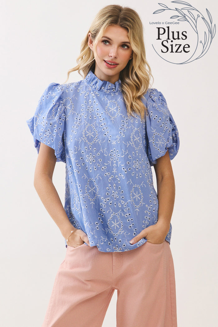 Top Eyelet Embroidered Puff Sleeve Plus Size