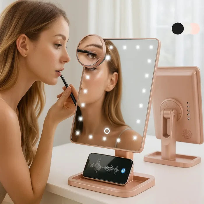 Touch screen makeup mirror with 20 LED lights and the 10X detail mirror for makeup, skincare, and everyday grooming routines.