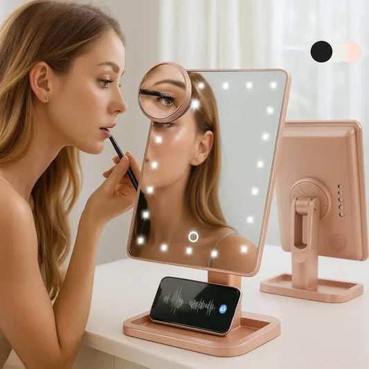 Touch screen makeup mirror with 20 LED lights and the 10X detail mirror for makeup, skincare, and everyday grooming routines.