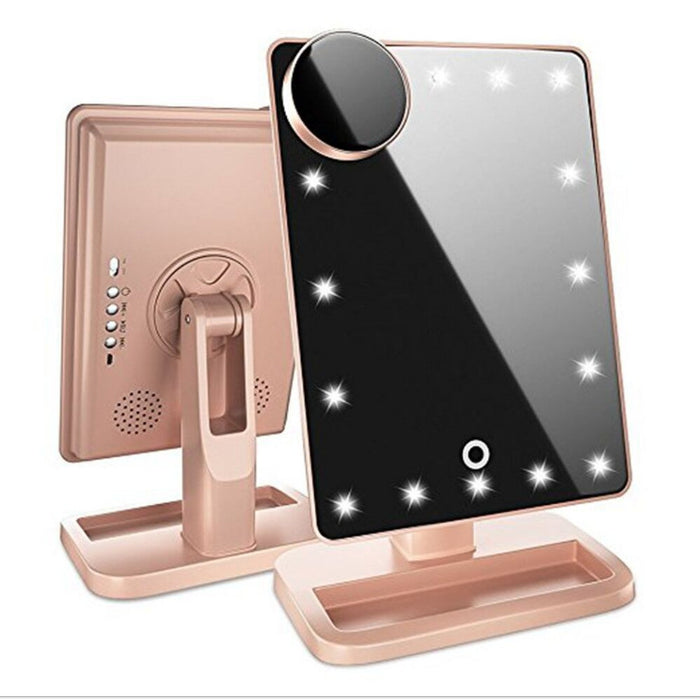Side view of the touch screen makeup mirror with tabletop base, 20 LED light layout and clean profile for daily vanity setup.