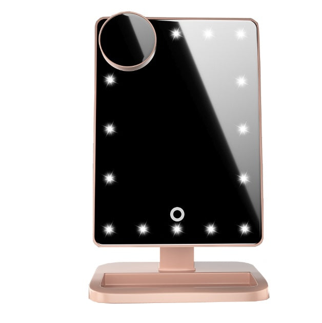 Touch controls on the LED makeup mirror with 20 lights, a 10X detail mirror and Bluetooth speaker for daily beauty routines.