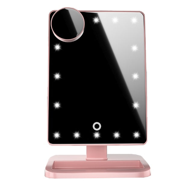 Makeup mirror with 10X detail insert, 20 LED lights and touch controls for closer viewing during skincare and grooming tasks.