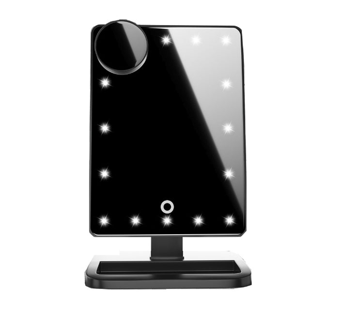 Front view of the LED makeup mirror with 20 lights, touch controls and tabletop format for makeup and skincare home routines.