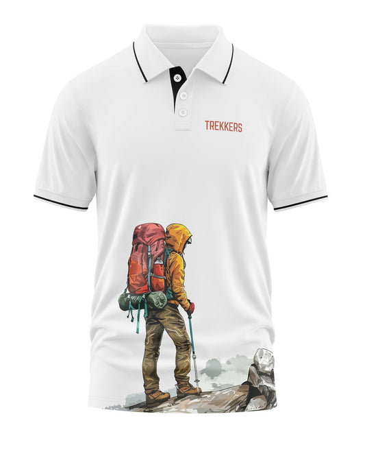 White polo t-shirt with TREKKERS text and graphic of hiker with backpack on a mountain