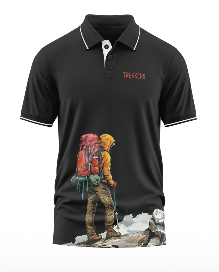 Black men's polo T-shirt with TREKKERS text and colorful trekker graphic on mountain