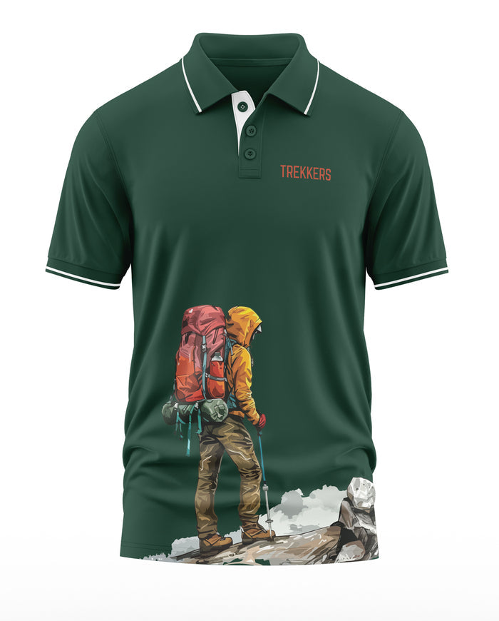 Green polo t-shirt with trekking graphic of hiker and 'Trekkers' text on chest