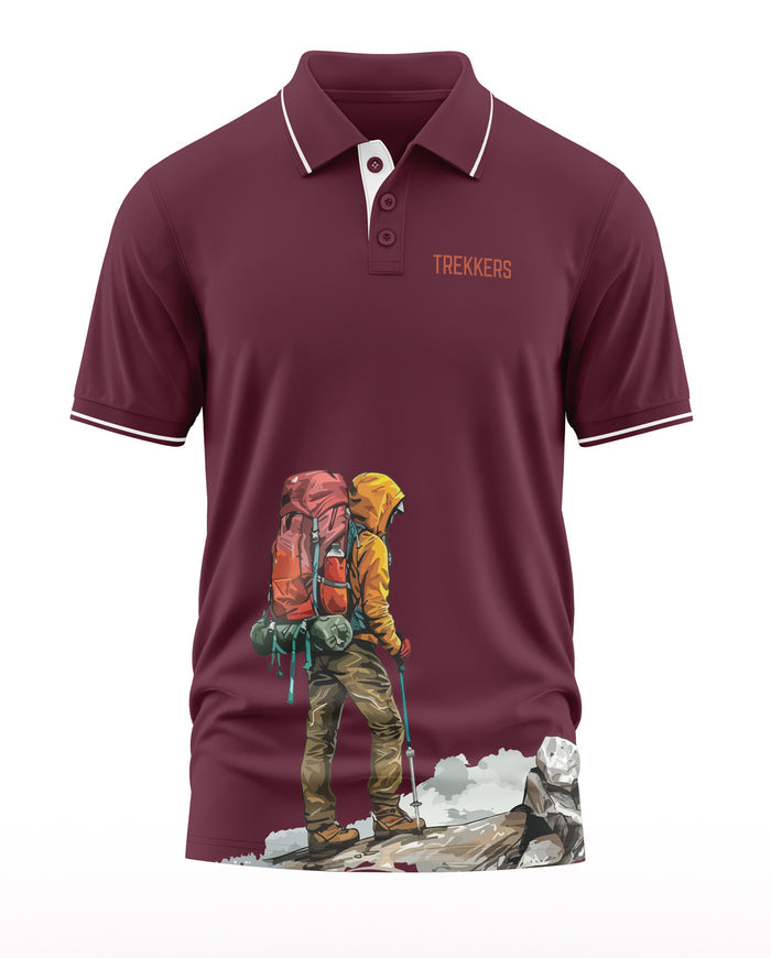Maroon polo t-shirt with 'TREKKERS' text and graphic of a hiker on a mountain