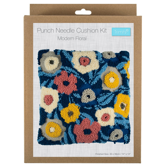 Trimits Punch Needle Kit Cushion: Modern Floral, 36x36cm, Includes Punch Needle Tool, Yarn, Fabric, Cushion Back, Instructions in Engli...