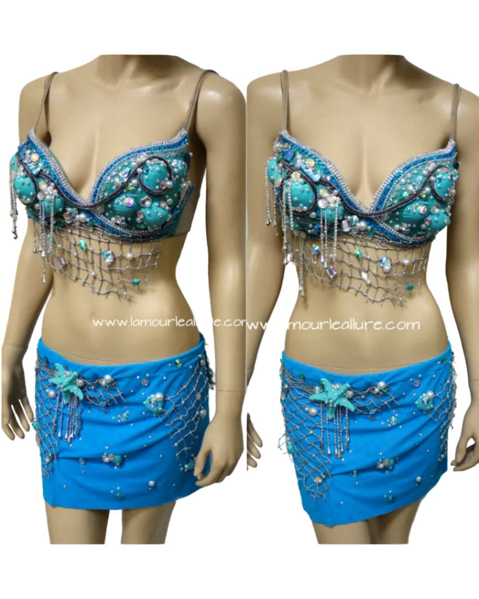 Turquoise Shell Mermaid Top with Skirt Dance Halloween Costume